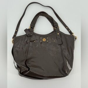 Marc‎ Jacobs Helena Taupe Brown Patent Leather Turn Lock Large Tote Shoulder Bag